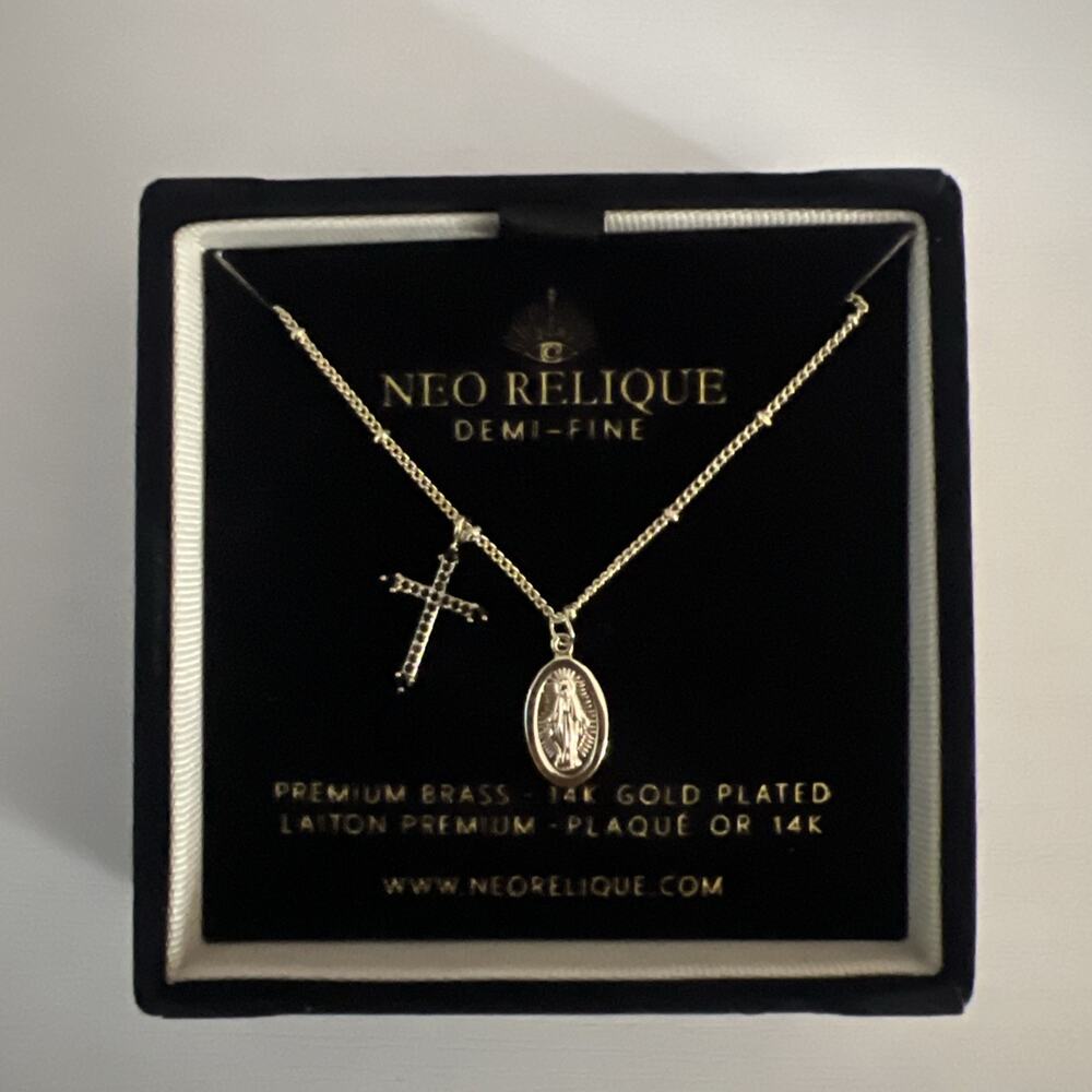 Medal Virgin Mary and Cross Crucifix Gold Plated Medallion Necklace Women